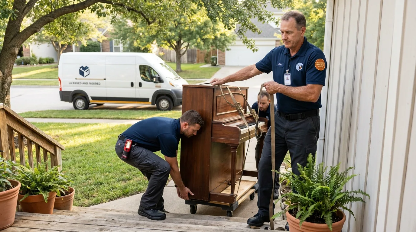 Licensed piano movers securing grand piano in Edwardsburg, MI