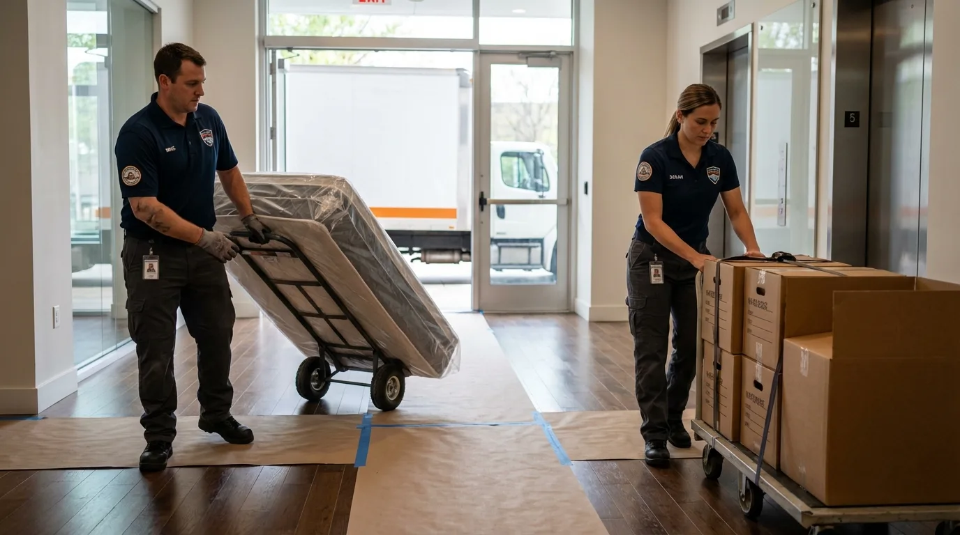 Professional apartment movers loading elevator in Edwardsburg, MI